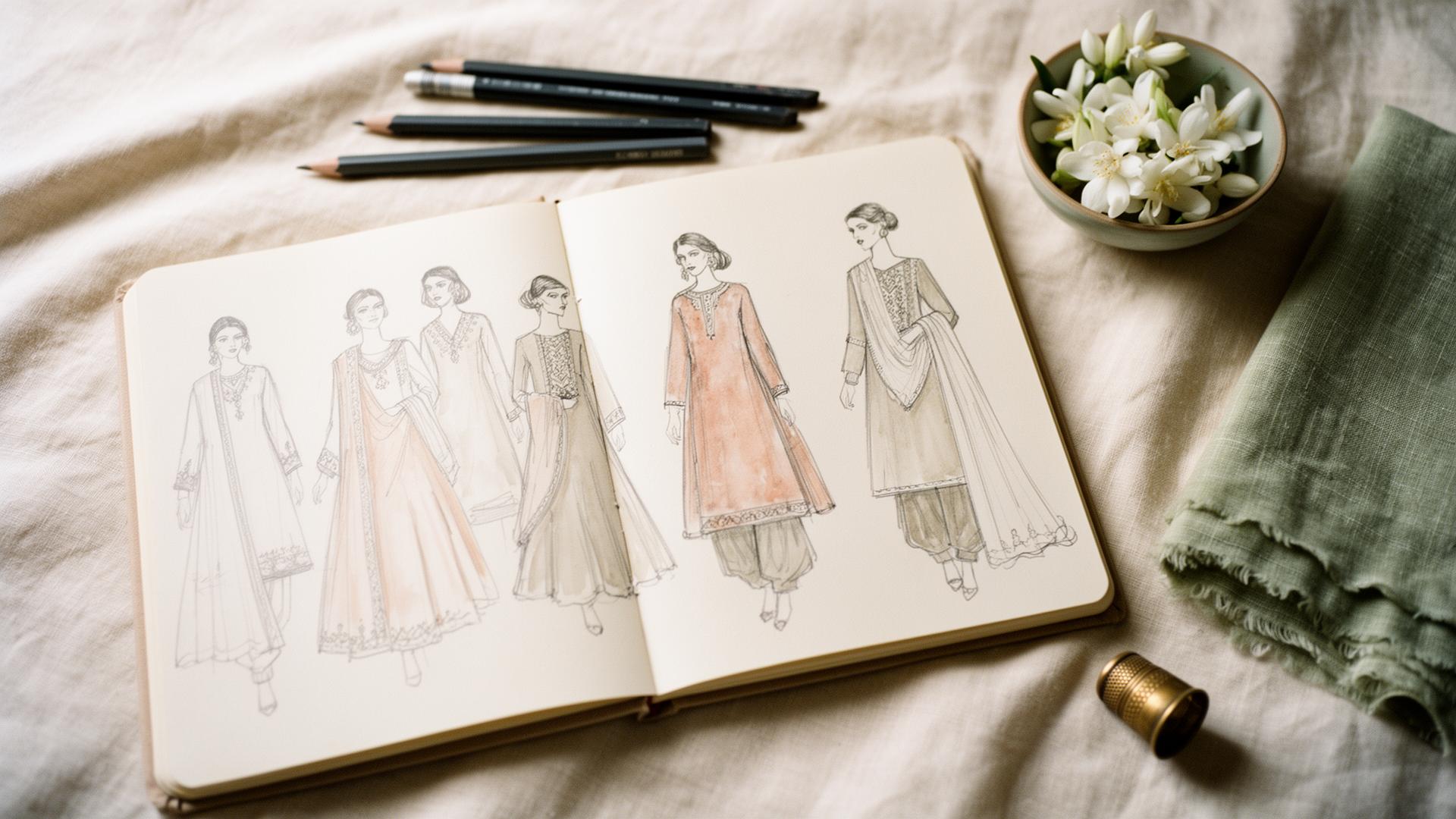 A warm still life of fabric, sketchbook, jasmine, and heirloom objects representing the artistry of HZK