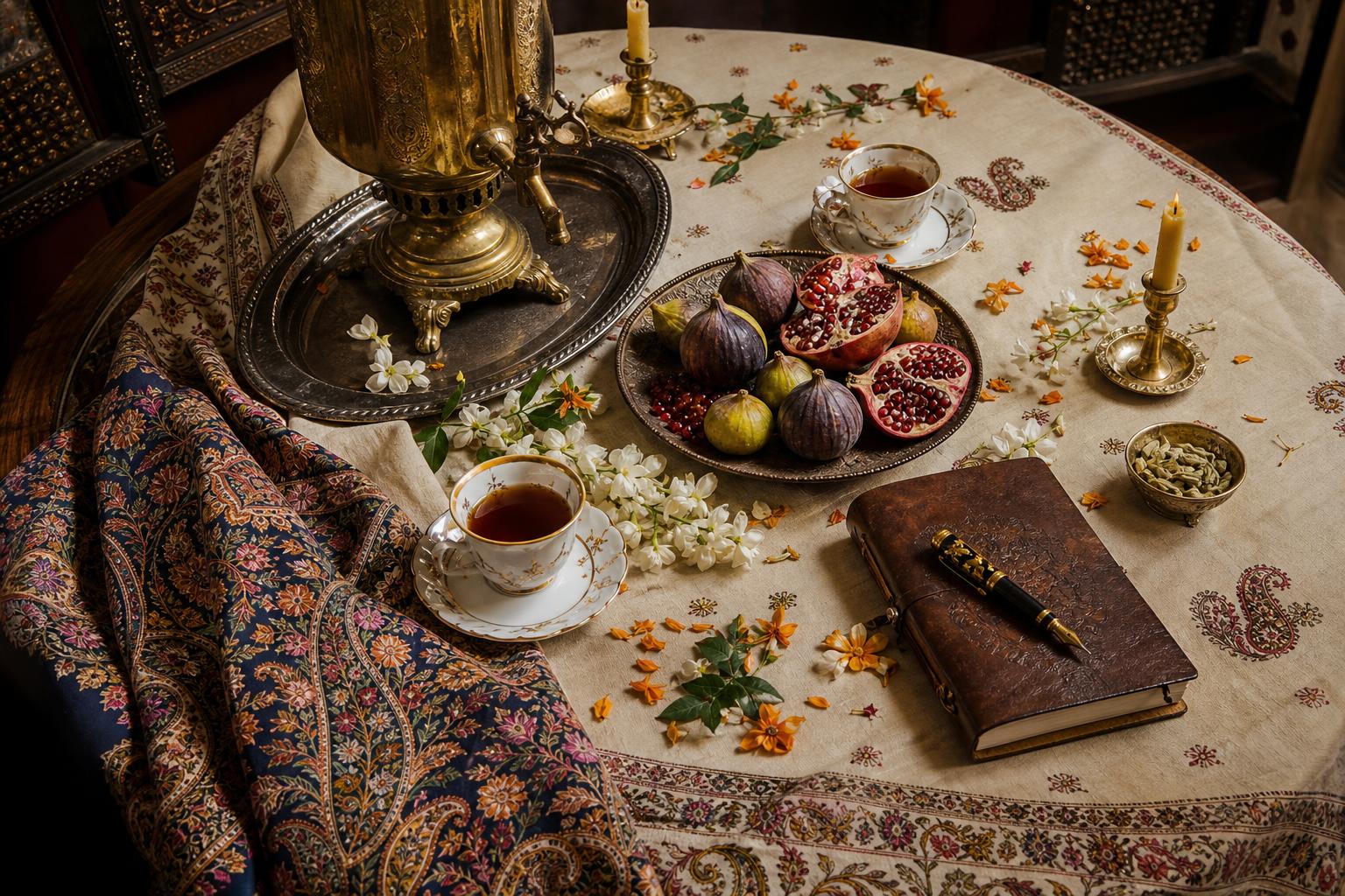 A quiet still life of khaddar, jasmine, chai, and heirloom objects representing the spirit of HZK